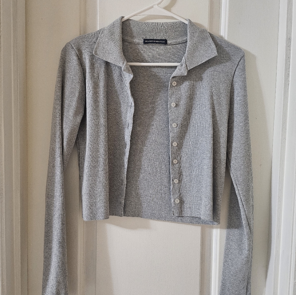 Brandy Melville Collar Crop Ribbed Top Grey